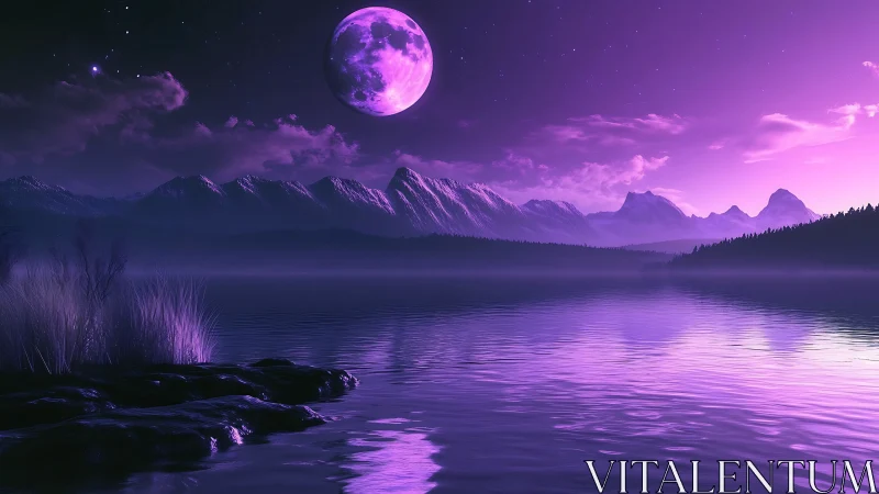 Lavender moonrise over still lake and whispering peaks.