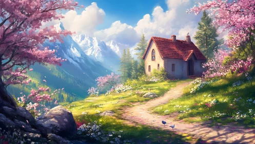 Spring cottage glows beneath towering alpine peaks at dawn.