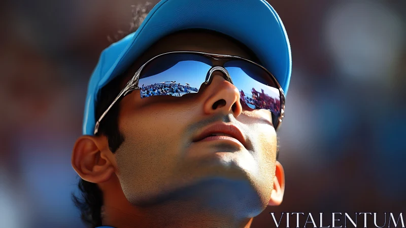 Sunlit fan in mirrored shades soaking up stadium buzz.