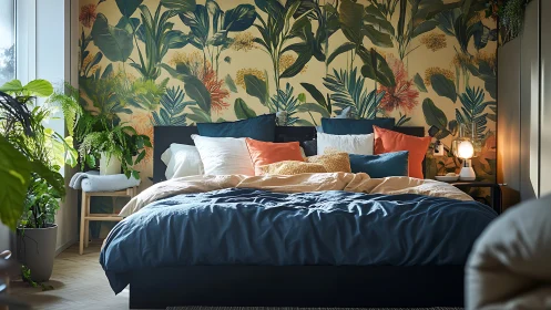 Cozy botanical bedroom retreat with lush plants and color.