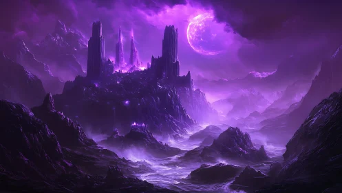 Spectral basalt citadel beneath irradiated violet moonrise.