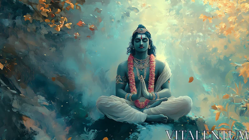 Serene blue deity meditates in a glowing autumn forest