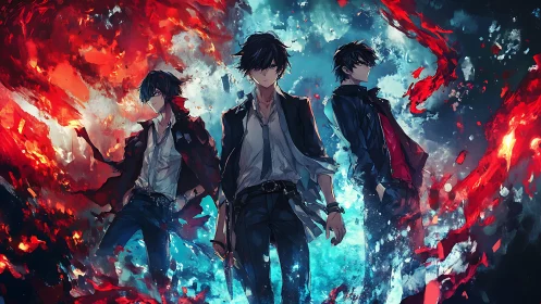 Triad of anime antiheroes framed by fire and ice energy.
