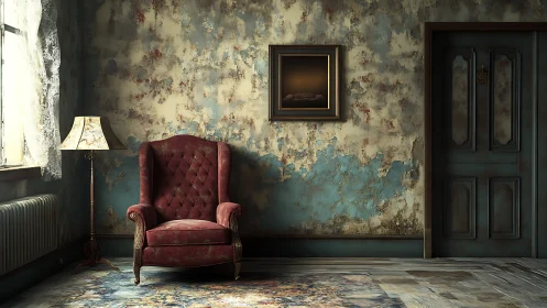 Vintage red armchair anchors moody distressed interior scene.