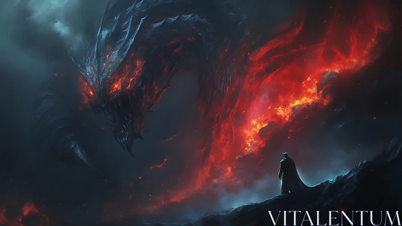 Lone cloaked figure confronting vast fiery dragon form.
