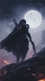 Lone cloaked warrior confronts a burning lunar battlefield.