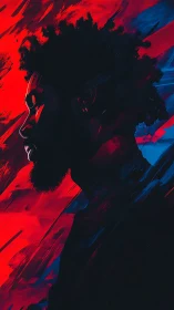 Profile silhouette of man against red and blue abstract field