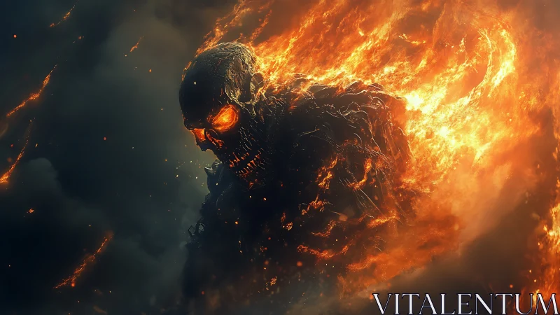 Flaming skeletal figure emerging from dense dark smoke.