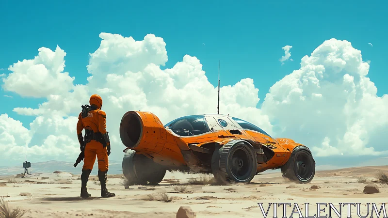 Futuristic rover and astronaut survey arid exoplanet plain