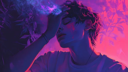 Moody neon portrait of pensive youth in vivid lighting.