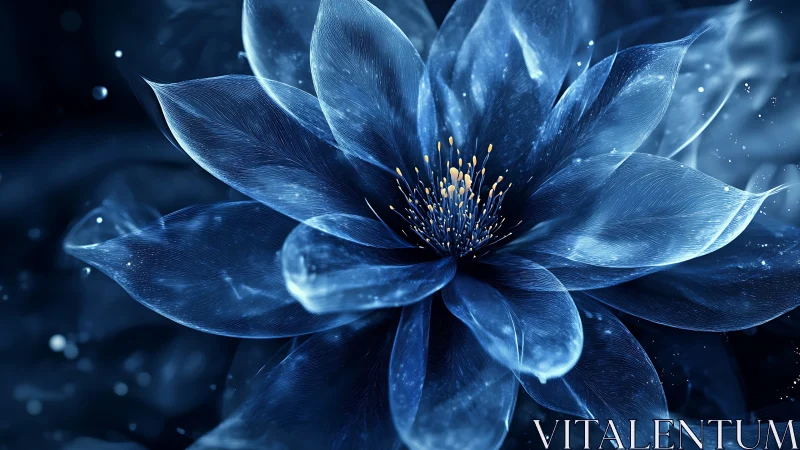 Blue luminous flower with radiant particles in dark space