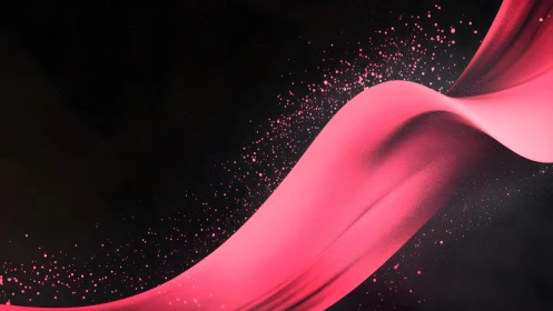 Vibrant Pink Ribbon Flow with Splatter on Black Abstract Background.