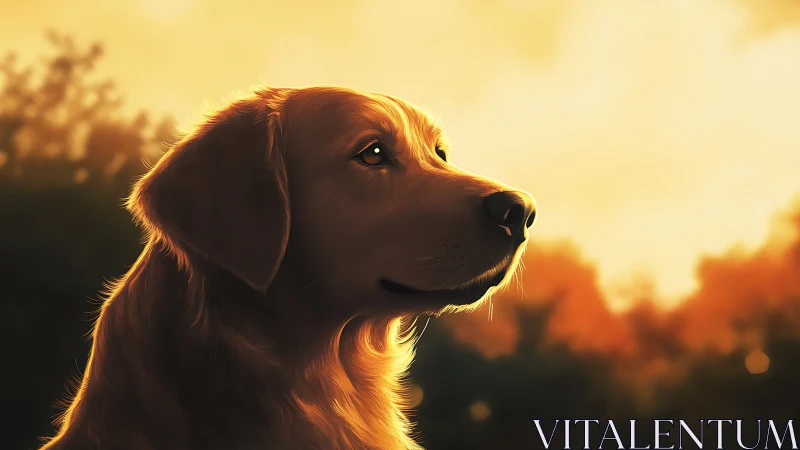 Golden retriever basking in soft, glowing evening light.