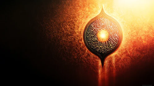 Radiant Arabic calligraphy jewel glowing in embered light.
