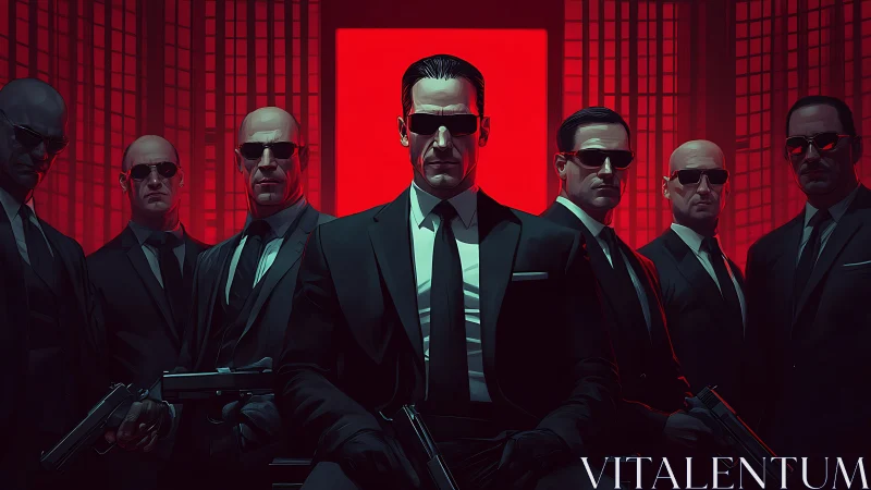 Suited enforcers guard a neon-red underworld throne room.