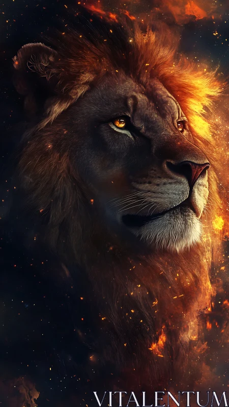 Majestic lion portrait glows against embers and cosmic dusk