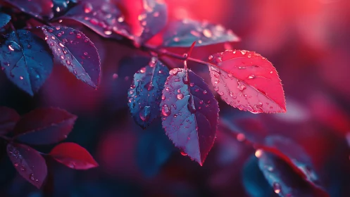 Leaf cluster with water droplets under colored lighting.