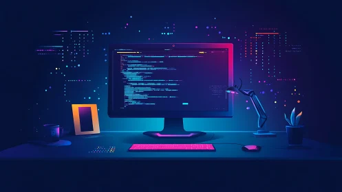 Neon-lit coder’s desk glows with futuristic focus and calm