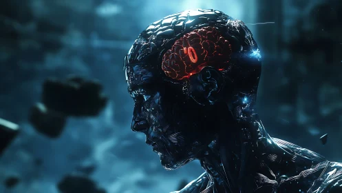 Cybernetic human profile with glowing red digital brain core.