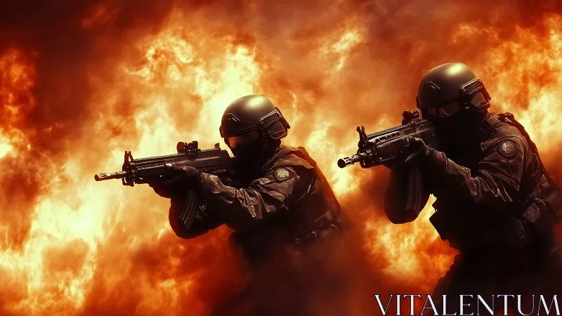 Armed Tactical Operators in Inferno Environment with Assault Rifles