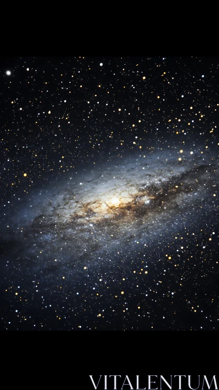 Spiral galaxy glows amid dense star field in deep space.