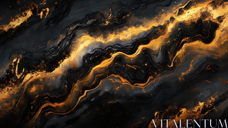 Golden fluid abstract waves on dark marbled background.