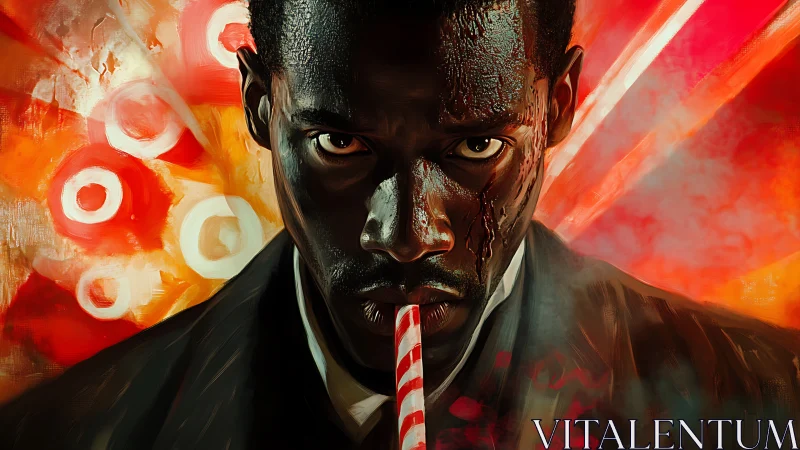 Intense portrait of suited man with straw and kinetic red bokeh