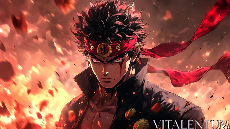 Intense anime warrior framed by dynamic embers and motion blur