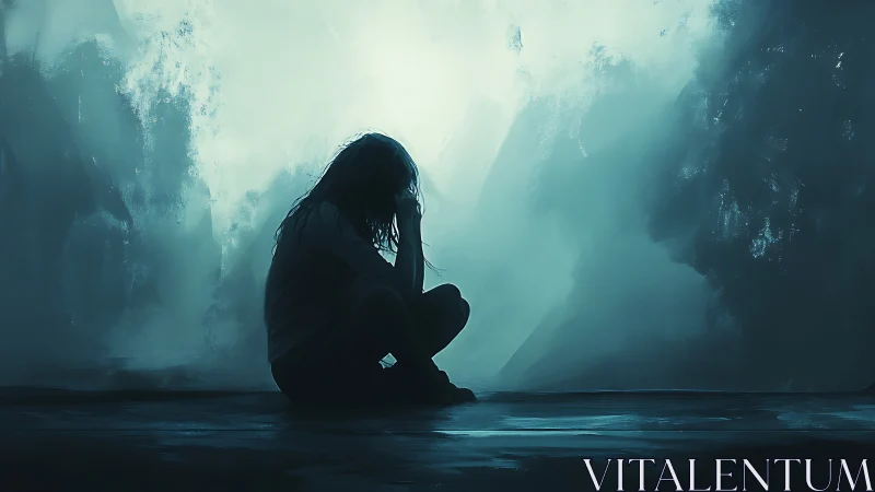 Silhouetted seated figure against diffuse blue background.