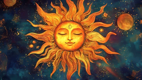 Solar face illustration with radiating stylized flares.