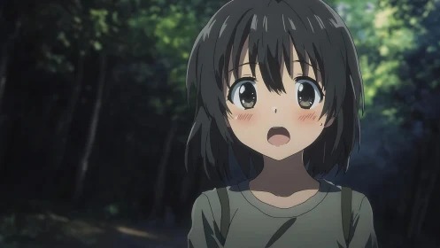 Anime character stands in shaded forest path environment