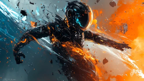 Cybernetic astronaut surfing colliding fire and ice fields.