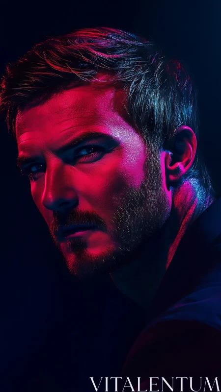 Moody portrait under vivid neon red and blue lighting.