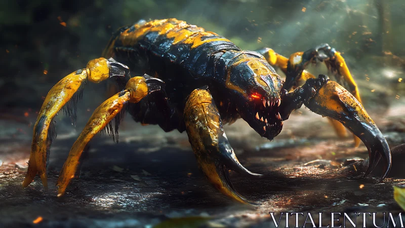 Predatory robotic insect creature with glowing red eyes.