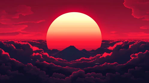 Vivid red sun setting behind dark mountains and clouds.