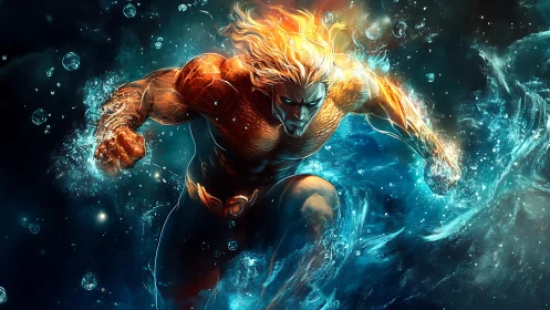 Underwater warrior surging forward through glowing waves.