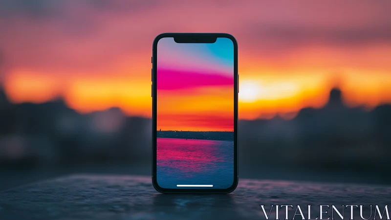 Smartphone displaying sunset landscape with blurred cityscape background.