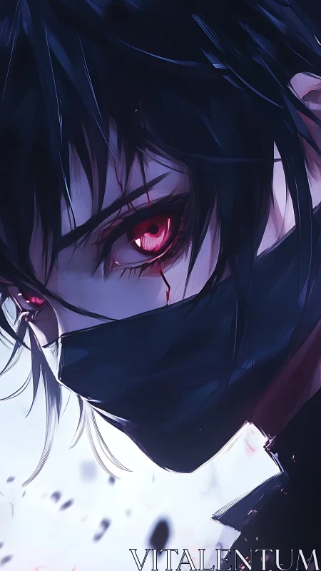 Masked anime figure with red glowing eye in close view.