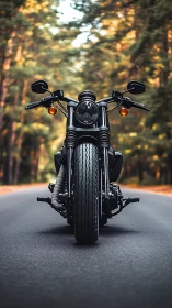 Front-on low angle of matte black cruiser motorcycle on forest road.