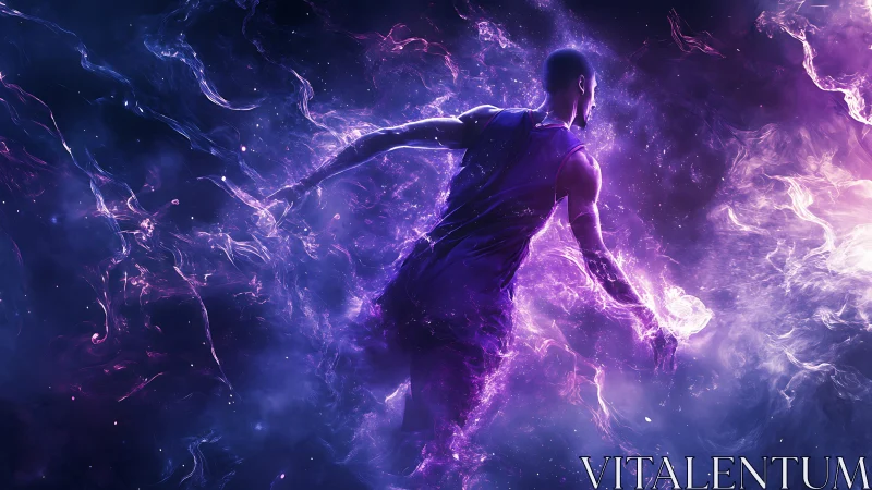 Cosmic basketball player sprints through swirling purple energy.