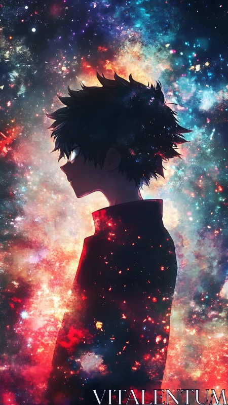 Silhouetted anime boy dissolving into vibrant nebula cosmos.