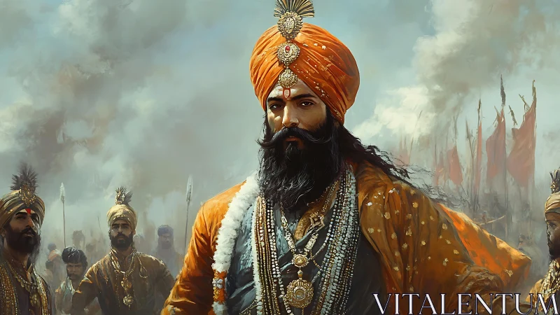 Turbaned leader stands before armed followers in smoky field