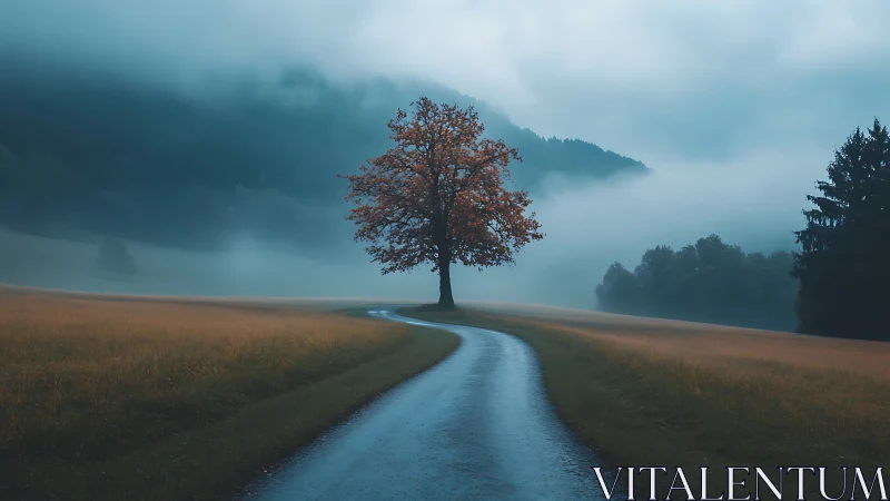 Lonely tree beside a winding road in misty countryside.