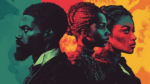 Profile illustration of three figures in colored gradients.