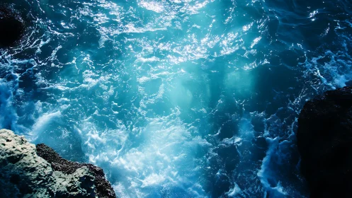 High-contrast coastal surf with luminous cyan water surface.
