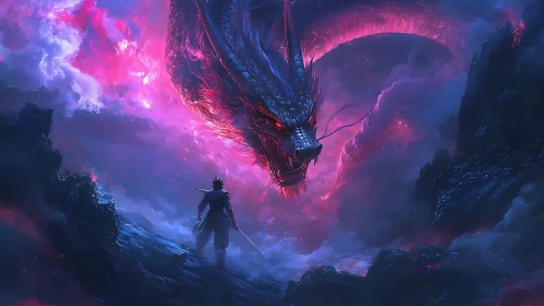 Warrior confronts colossal glowing dragon in stormy chasm