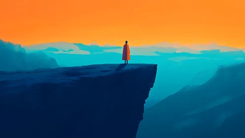 Solitary cloaked figure stands on cliff edge above blue valley