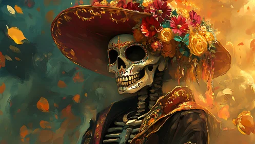 Calavera portrait glows with fiery marigold blooms.
