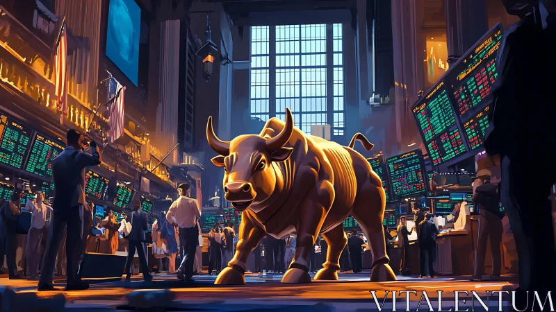Golden bull dominates a glowing, high-energy trading floor