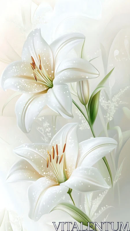 White lilies with brown stamens rendered in digital illustration